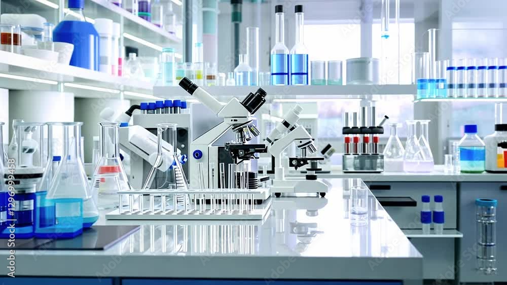 Blurred background with modern laboratory with microscopes and scientific equipment ready for research. Concept of scientific discoveries, medicine, and advanced technologies Blurred background with modern laboratory with microscopes and scientific equipment ready for research. Concept of scientific discoveries, medicine, and advanced technologies
