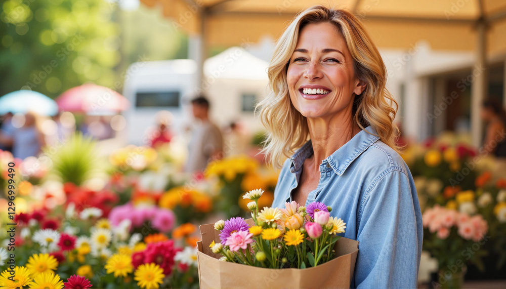 Joyful woman holding bouquet at vibrant flower market, celebration of beauty Joyful woman holding bouquet at vibrant flower market, celebration of beauty