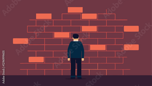 Wall of Fear A person standing in front of a large wall with bricks labeled with different fears e.g. Rejection Failure that block their path to success.