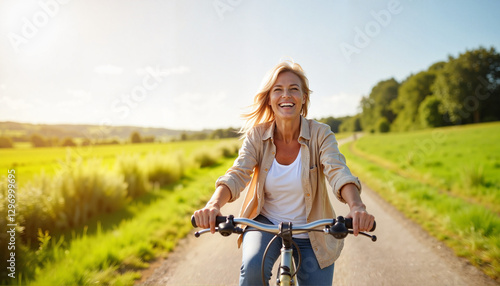 Joyful middle-aged woman cycling through scenic countryside path, adventure