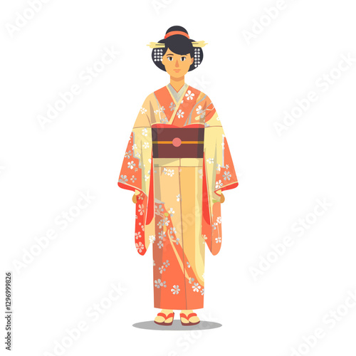 A Stylized Illustration Of A Woman Wearing A Colorful Kimono