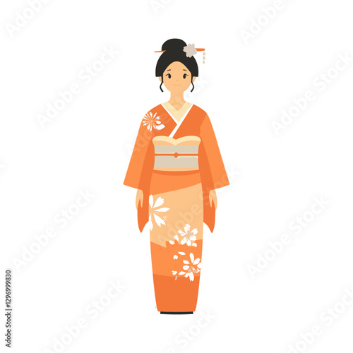 An Illustrated Woman Is Wearing A Traditional Orange Kimono And Hair Decoration