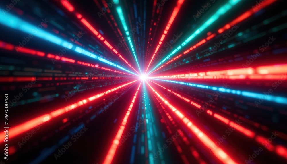 Naklejka premium Dynamic light beams in a dark space with red and blue laser lines radiating from a central point