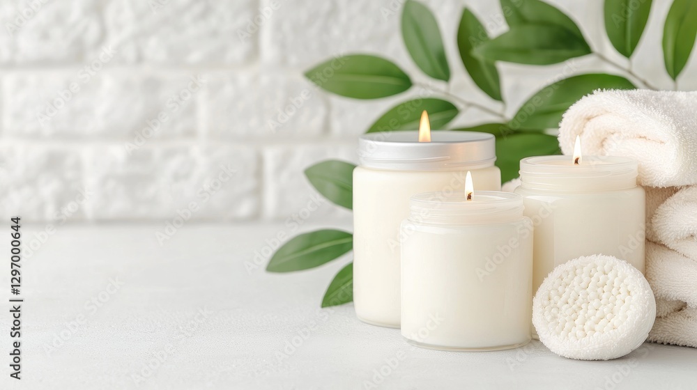 Spa candles, towel, and soap on white table Spa candles, towel, and soap on white table