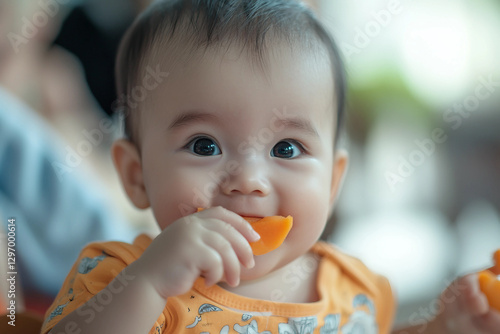 Generative AI image of a cute baby eating food in a highchair with a messy and funny expression photo