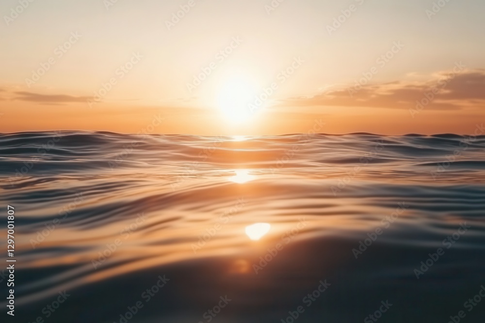 Obraz premium Serene sunset over calm ocean waves, reflecting golden light with soft clouds in the background