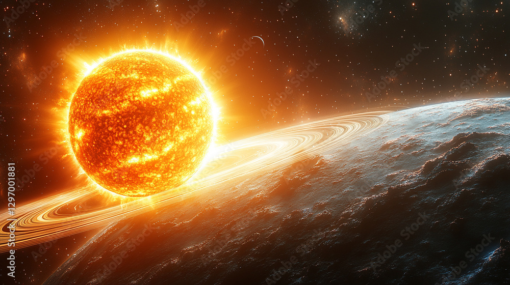 Obraz premium A realistic solar system illustration showcasing the sun and its orbiting planets, symbolizing the vastness of space, the interconnectedness of celestial bodies, and the mysteries of the universe.