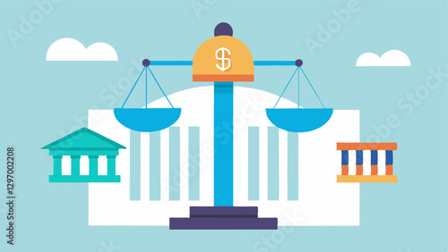 Scales of Justice A balanced scale in front of a stylized capital building with one side holding digital currency symbols and the other side holding legal documents representing