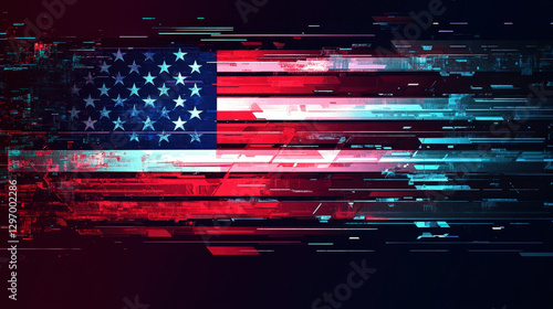 Abstract Digital American Flag with a Futuristic Glitch Effect in Red and Blue