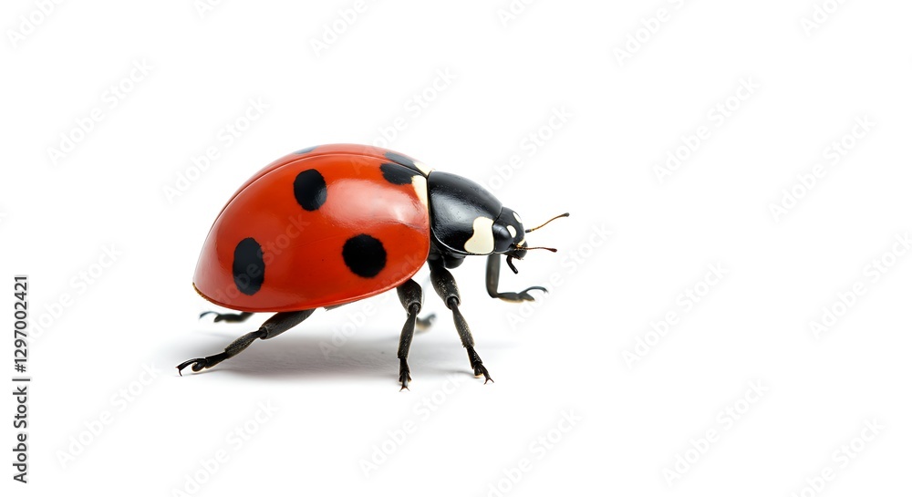 A colorful ladybug resting on an invisible surface, showing its red shell with black spots, isolated on white A colorful ladybug resting on an invisible surface, showing its red shell with black spots, isolated on white