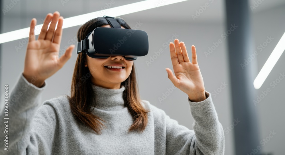 Woman experiencing virtual reality with VR headset and hands raised Woman experiencing virtual reality with VR headset and hands raised