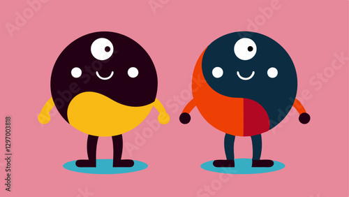 Yin and Yang A representation using two characters one dressed in bright colors depicting positivity and the other in dark colors representing negativity standing back to back.