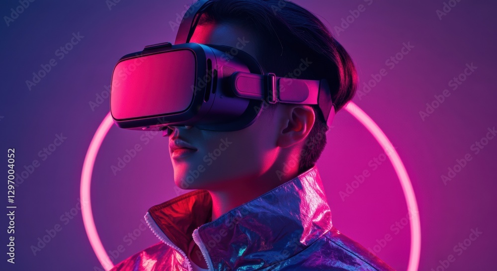 Naklejka premium Young man wearing virtual reality headset with neon lights in the background