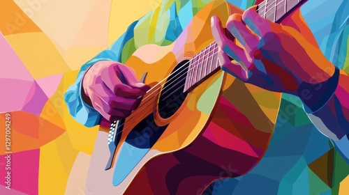 Close up of a musician playing an acoustic guitar, fingers strumming the strings artistic passion music performance