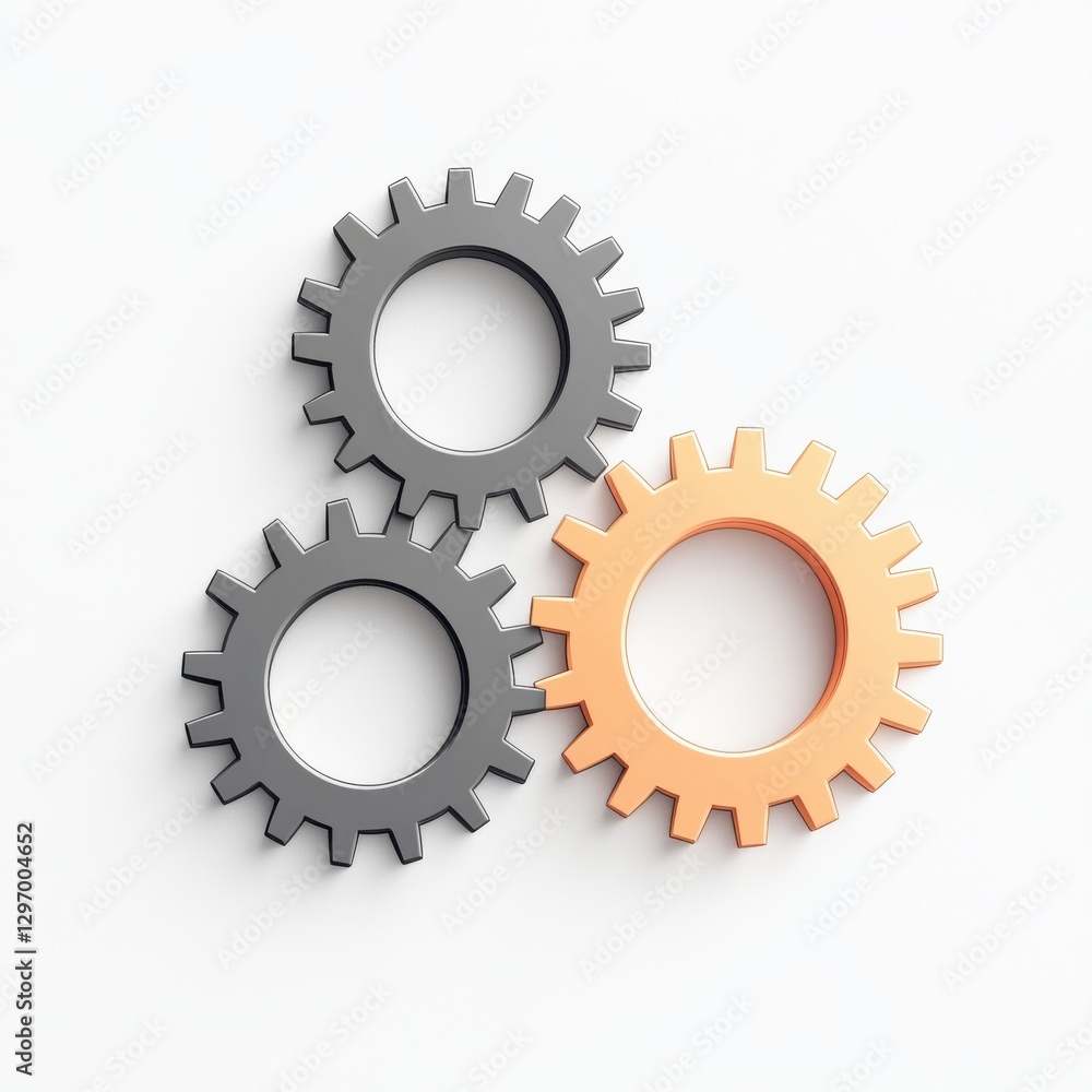 Three modern gears in gray and orange, symbolizing teamwork and innovation. Three modern gears in gray and orange, symbolizing teamwork and innovation.