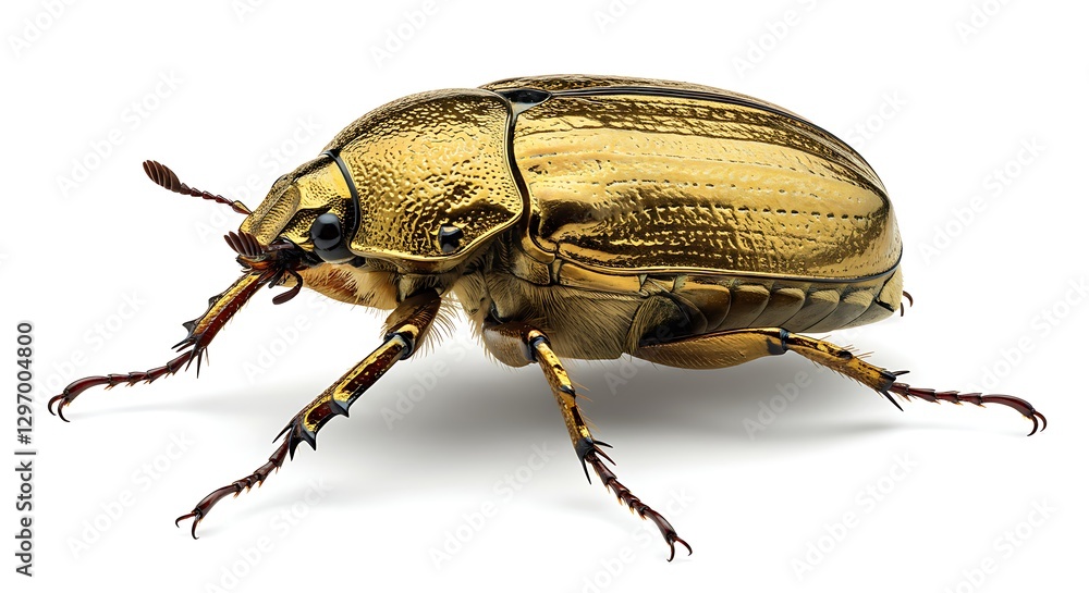 A golden scarab beetle with intricate patterns on its shell, shining against a white background A golden scarab beetle with intricate patterns on its shell, shining against a white background