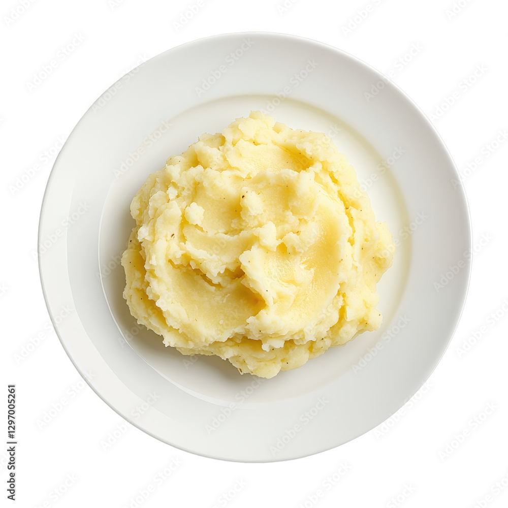 Creamy Mashed Potatoes Served on a White Plate Isolated on Background Creamy Mashed Potatoes Served on a White Plate Isolated on Background