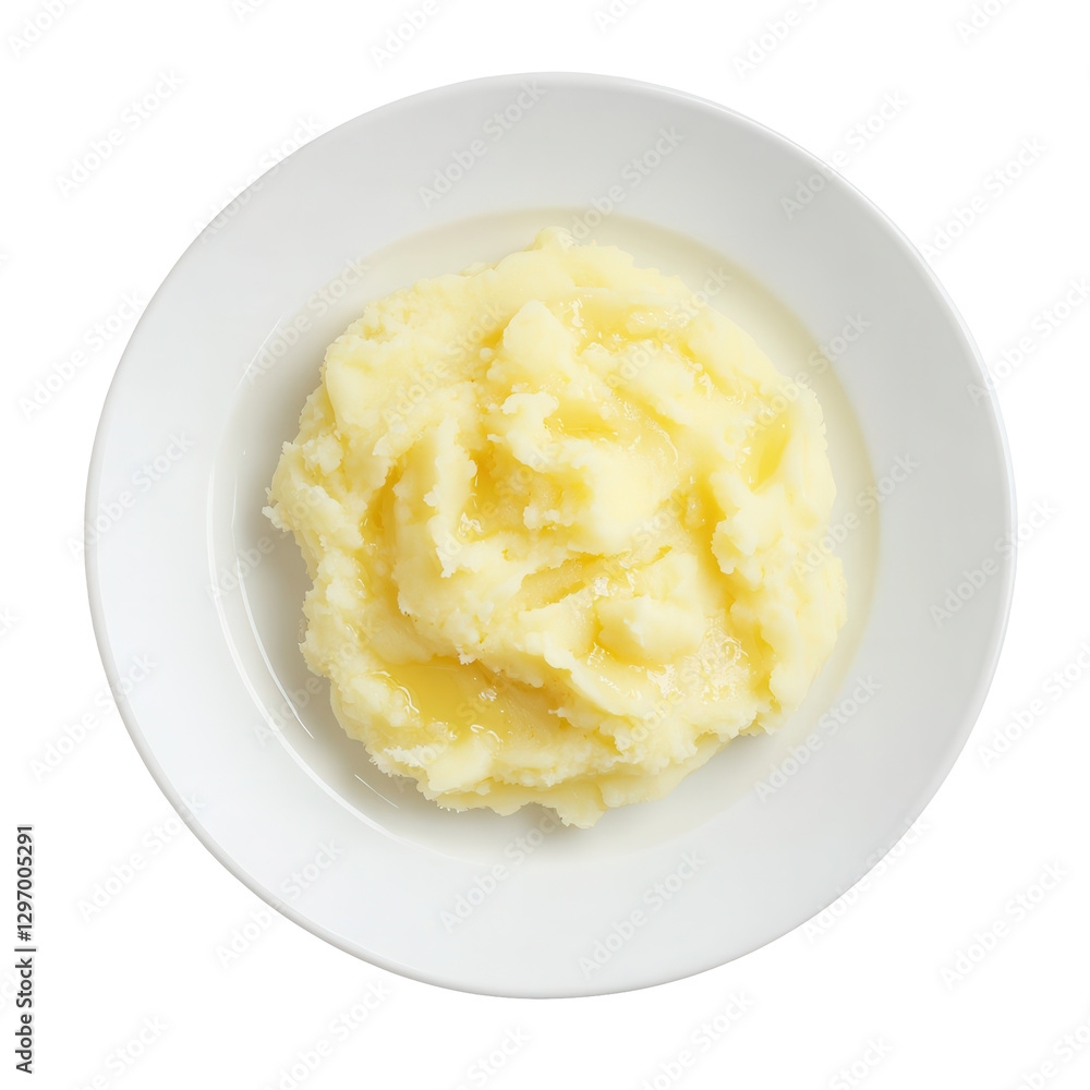 Creamy Mashed Potatoes with Butter on a White Plate Top View Creamy Mashed Potatoes with Butter on a White Plate Top View
