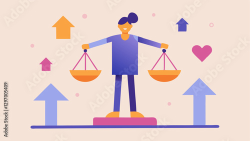 Up and Down Arrows A figure standing on a scale with arrows pointing up and down representing fluctuating selfesteem levels as they scroll through a social feed filled with gl