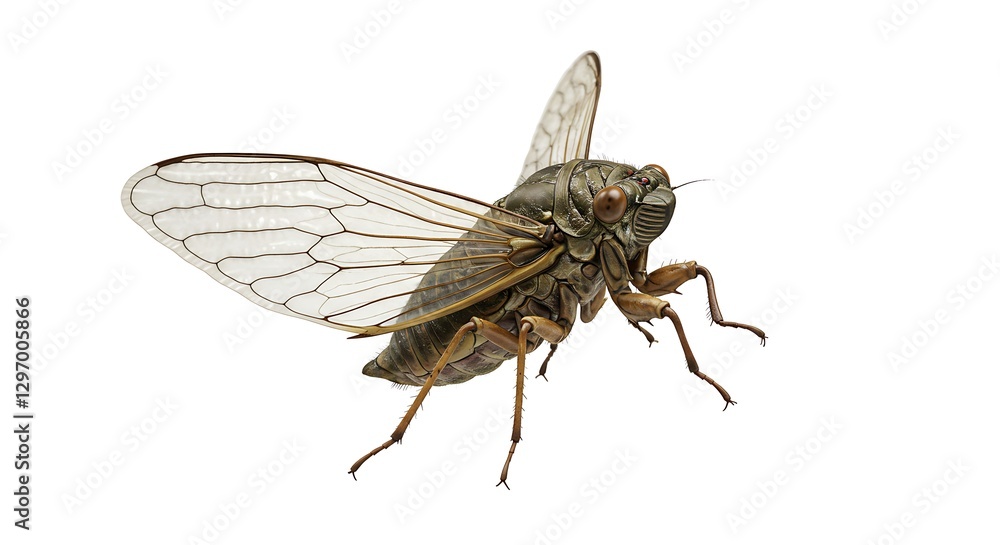 A realistic depiction of a cicada with translucent wings and textured body, isolated on white A realistic depiction of a cicada with translucent wings and textured body, isolated on white