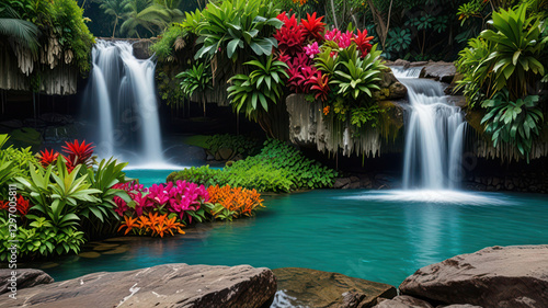 A cascading waterfall surrounded by vibrant green foliage, with turquoise water pooling at the base and colorful tropical flowers blooming along the rocky edges.