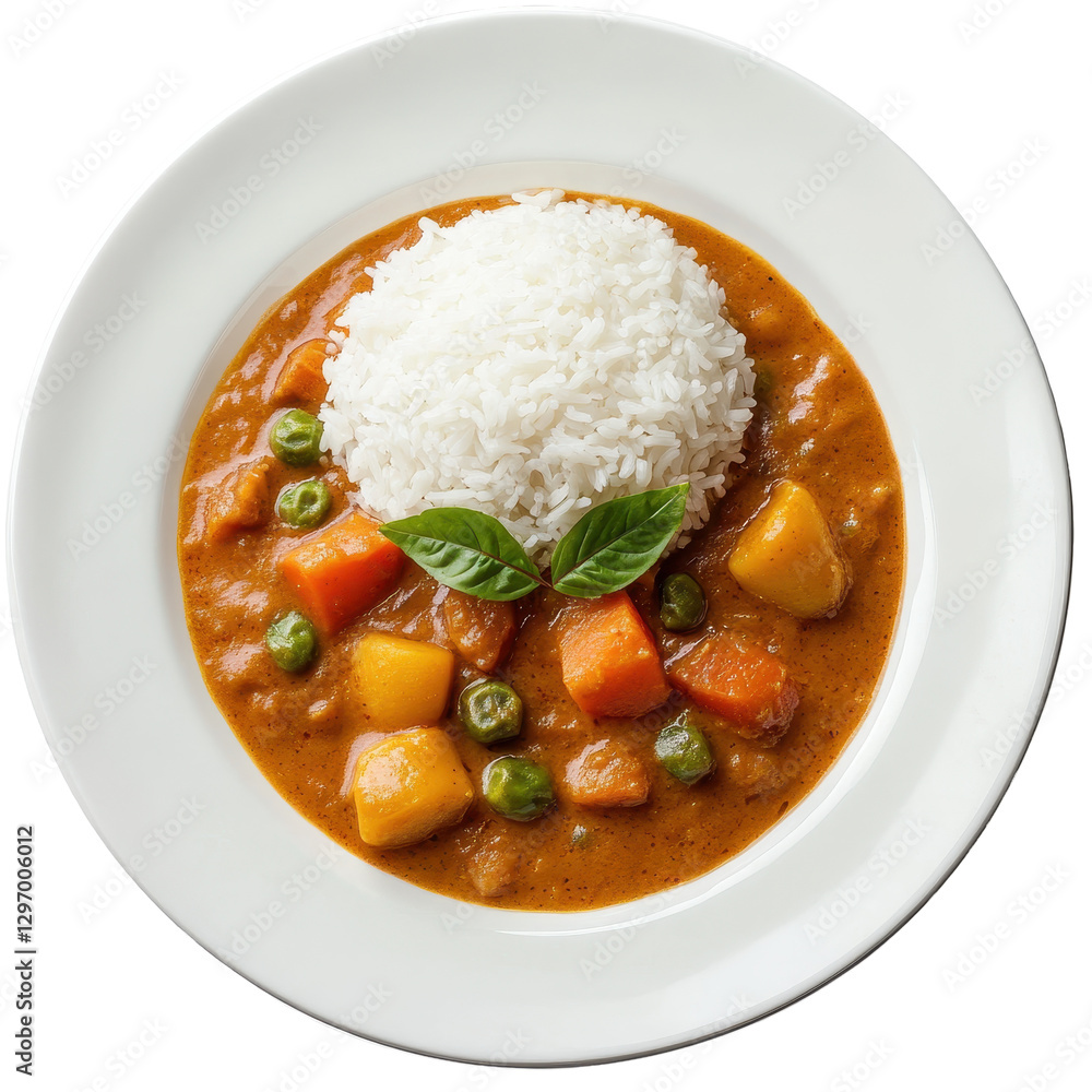Colorful Vegetable Curry with Rice on a White Plate Background Colorful Vegetable Curry with Rice on a White Plate Background