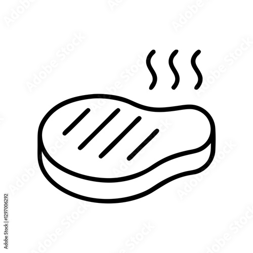 Grilled steak icon with steam rising, represents delicious cooking, black outline, modern design