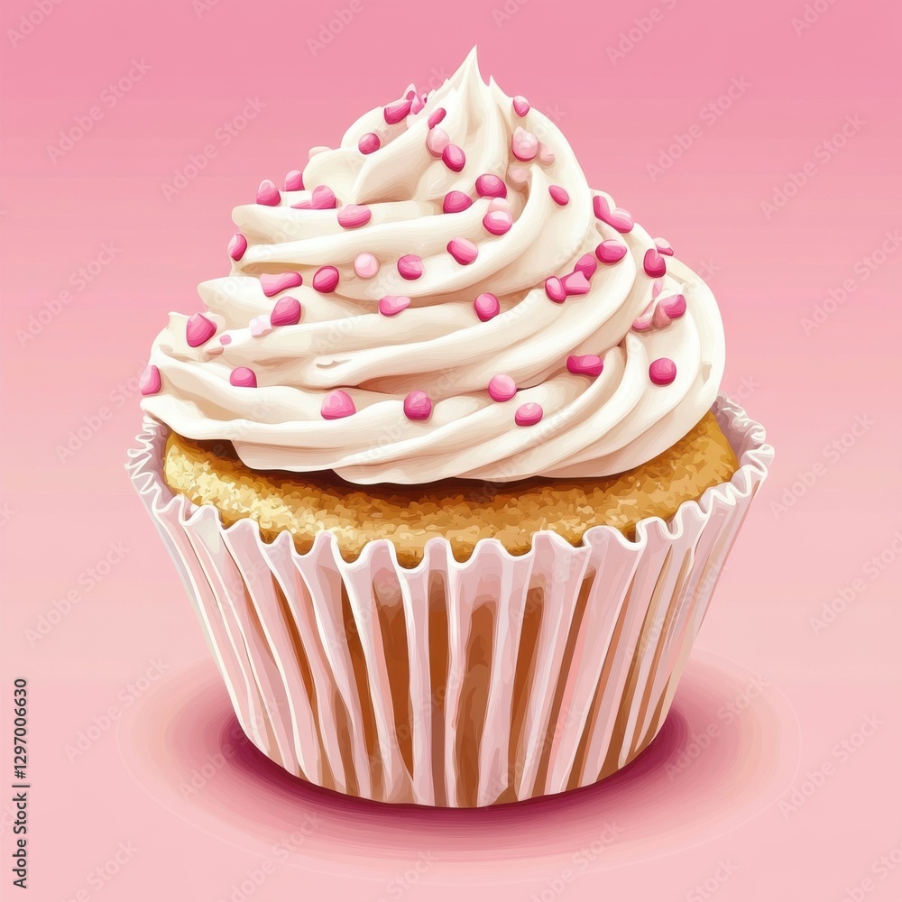 A delicious vanilla cupcake topped with creamy frosting and pink sprinkles on a soft pink background. A delicious vanilla cupcake topped with creamy frosting and pink sprinkles on a soft pink background.
