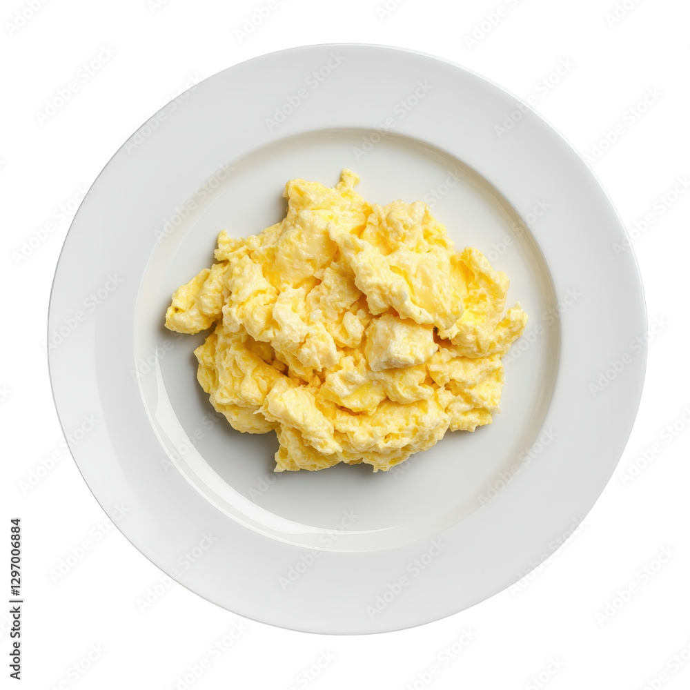 Creamy Scrambled Eggs Piled High on White Plate Top View Creamy Scrambled Eggs Piled High on White Plate Top View