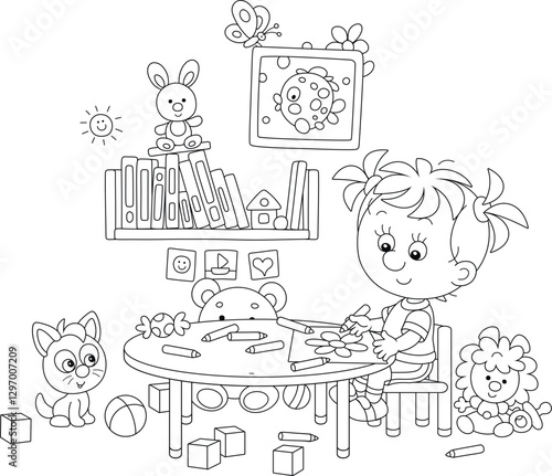 Cheerful little girl sitting at her desk among scattered toys in a playroom and drawing a summer flower with color pencils, black and white outline vector cartoon illustration for a coloring book
