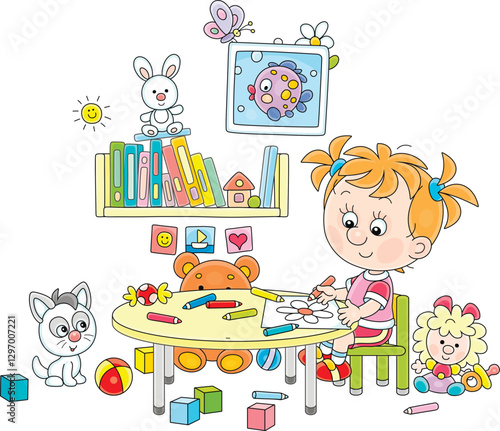 Cheerful little girl sitting at her desk among scattered toys in a playroom and drawing a summer flower with color pencils, vector cartoon illustration on a white background