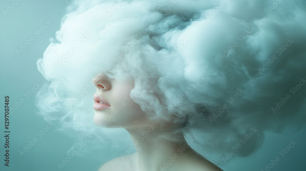 Beautiful young woman's head enveloped by fluffy white cloud obscuring her face, symbolizing brain fog and mental confusion. Studio shot on neutral background. Modern conceptual art Beautiful young woman's head enveloped by fluffy white cloud obscuring her face, symbolizing brain fog and mental confusion. Studio shot on neutral background. Modern conceptual art