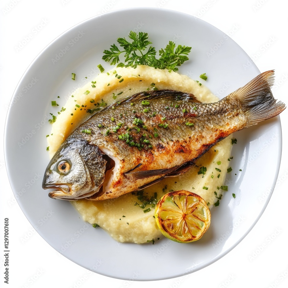 Grilled Sea Bream with Creamy Mashed Potatoes, Roasted Lemon, and Fresh Herbs on a White Plate, Top View Grilled Sea Bream with Creamy Mashed Potatoes, Roasted Lemon, and Fresh Herbs on a White Plate, Top View