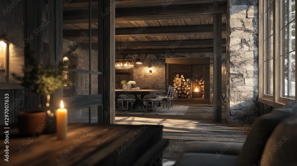 Interior view of a rustic cabin with warm lighting and fireplace Interior view of a rustic cabin with warm lighting and fireplace