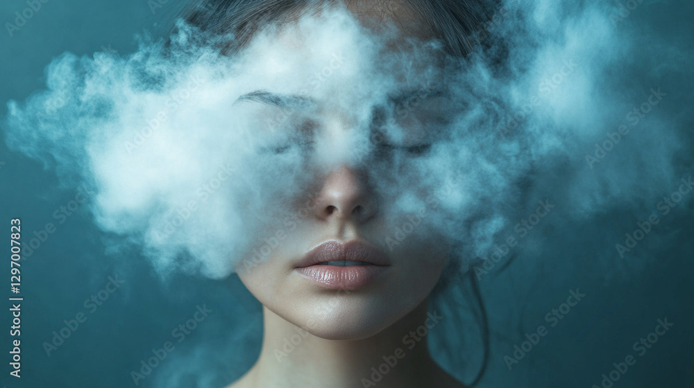 Beautiful young woman's head enveloped by fluffy white cloud obscuring her face, symbolizing brain fog and mental confusion. Studio shot on neutral background. Modern conceptual art Beautiful young woman's head enveloped by fluffy white cloud obscuring her face, symbolizing brain fog and mental confusion. Studio shot on neutral background. Modern conceptual art