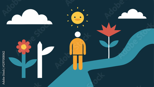Two Paths A figure standing at a fork in the road one path labeled Doubt with dark clouds and rocks and another labeled Confidence with sunshine and flowers representing choices