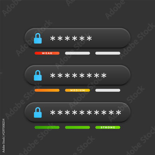 Password strength: weak, medium, strong, vector illustration.