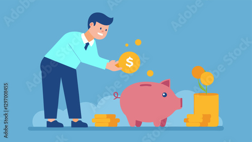 Savings Strategy A digital entrepreneur placing coins into a piggy bank that is labeled Business Savings symbolizing saving for future investments or unexpected expenses.