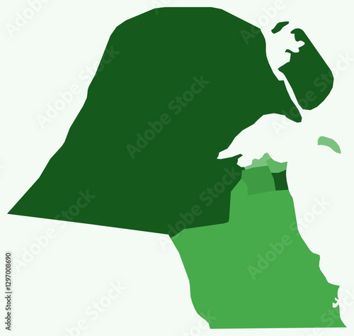 Map of Kuwait with regions. Just a simple country border map with region division. Green color palette. Plain Kuwait shape with administrative division. Vector illustration.
