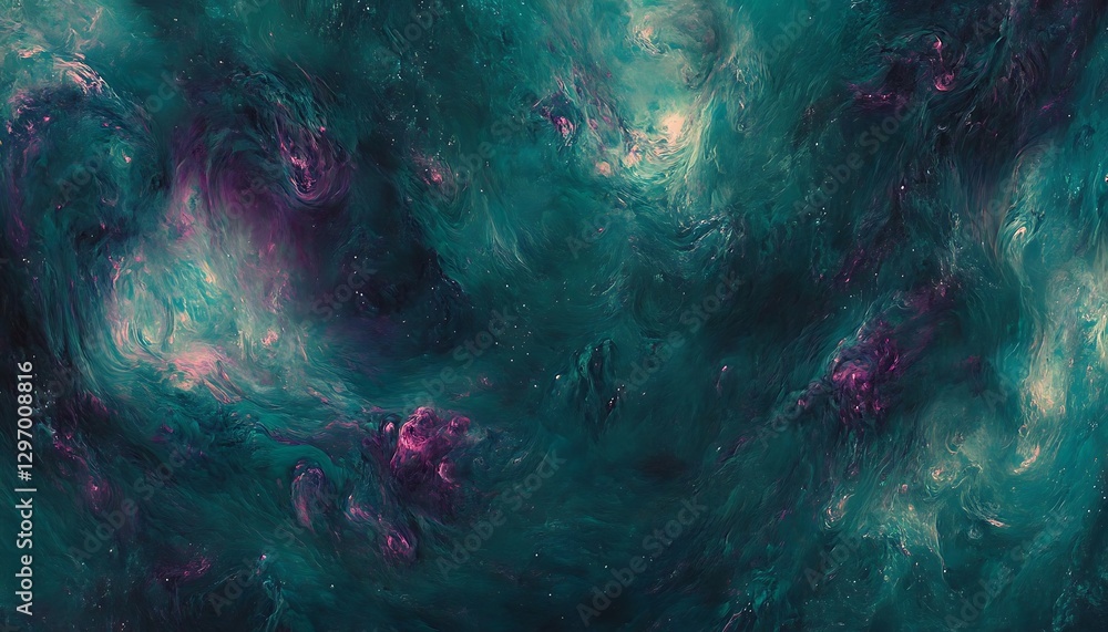 Abstract painting of swirling teal and purple cosmic formations Abstract painting of swirling teal and purple cosmic formations