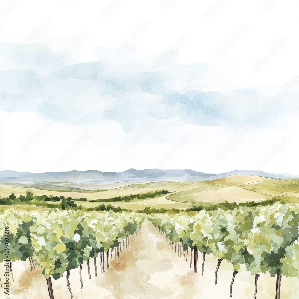 Obraz premium A serene vineyard landscape, showcasing rows of lush green vines under a soft blue sky.