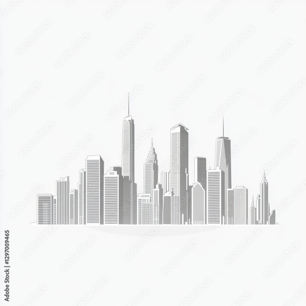 Fototapeta premium Stylized skyline illustration showcasing tall buildings in a monochromatic color scheme.
