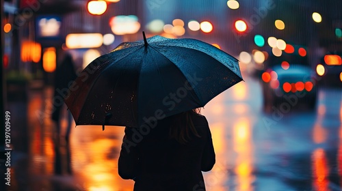 A person walks down a wet city street on a rainy evening, holding a black umbrella. Their back is turned to the camera, and the reflections of streetlights shimmer on the wet pavement. The soft blur