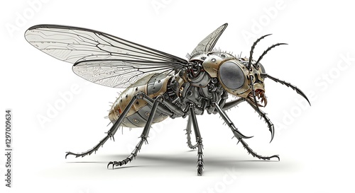 A surreal digital artwork of a biomechanical insect, its metallic body gleaming against a white background