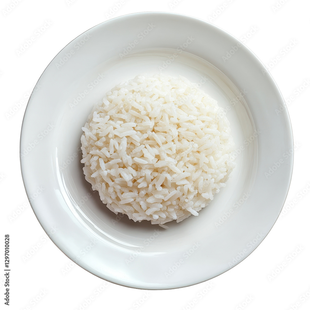 Freshly Cooked White Rice in a Round Ceramic Bowl on Plain Background Freshly Cooked White Rice in a Round Ceramic Bowl on Plain Background