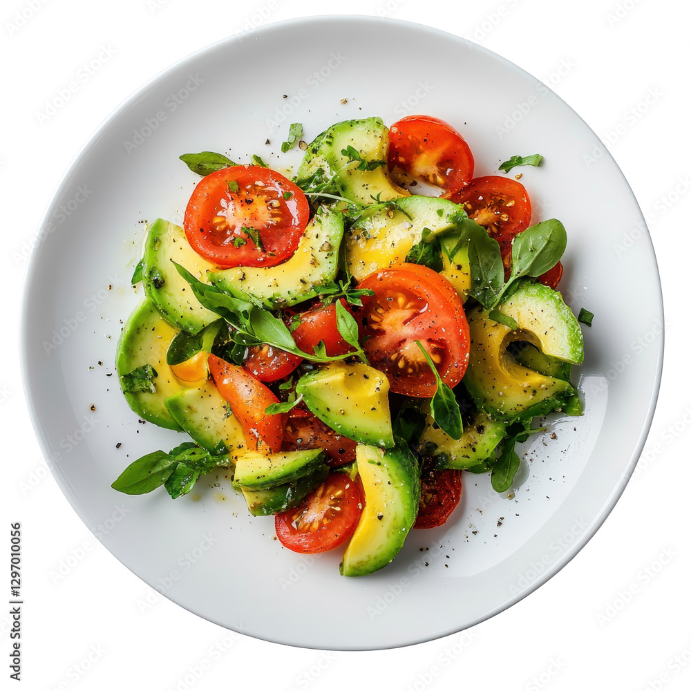 Fresh Avocado and Tomato Salad with Basil on White Plate Fresh Avocado and Tomato Salad with Basil on White Plate