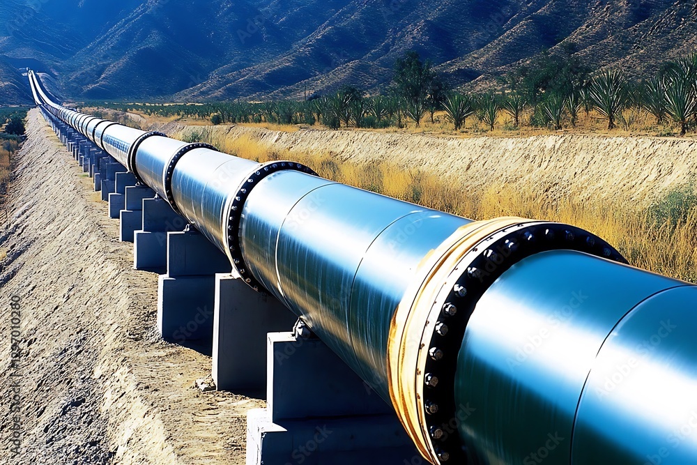 A long shiny pipeline stretches across desert landscape with mountains in the background A long shiny pipeline stretches across desert landscape with mountains in the background