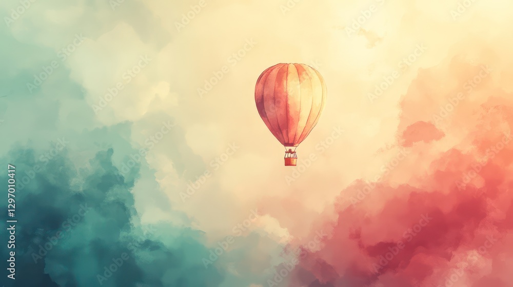 Fototapeta premium A singular hot air balloon floats amid colorful painted clouds in the sky