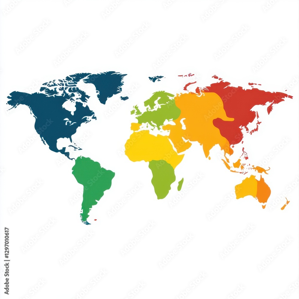 Fototapeta premium Colorful world map showcasing different continents in vibrant hues.