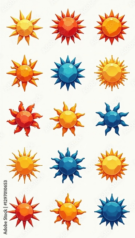 Collection of geometric sun symbols in various colors and designs against white background, design, sun, set Collection of geometric sun symbols in various colors and designs against white background, design, sun, set